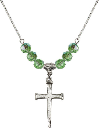 18" Rhodium Plated Necklace with 4mm Peridot Crystal Beads featuring a Sterling Silver Nail Cross Medal.