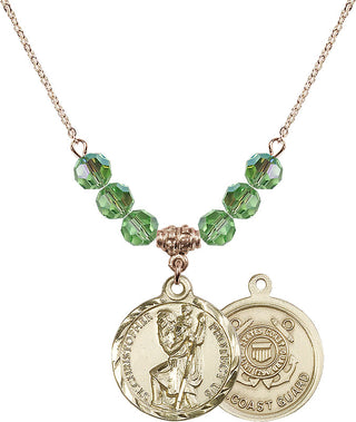 18" Hamilton Gold Plated Necklace with 4mm Peridot Crystal Beads featuring a 14kt Gold Filled Saint Christopher / Coast Guard Medal.