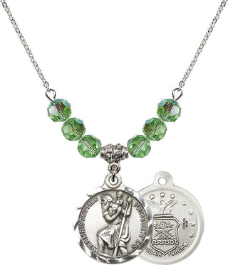 18" Rhodium Plated Necklace with 4mm Peridot Crystal Beads featuring a Sterling Silver Saint Christopher / Air Force Medal.