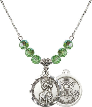 18" Rhodium Plated Necklace with 4mm Peridot Crystal Beads featuring a Sterling Silver Saint Christopher / Army Medal.