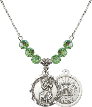 18" Rhodium Plated Necklace with 4mm Peridot Crystal Beads featuring a Sterling Silver Saint Christopher / Navy Medal.