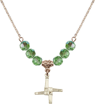 18" Hamilton Gold Plated Necklace with 4mm Peridot Crystal Beads featuring a 14kt Gold Filled Saint Brigid Cross Medal.