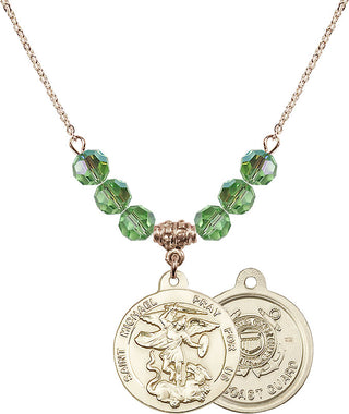 18" Hamilton Gold Plated Necklace with 4mm Peridot Crystal Beads featuring a 14kt Gold Filled Saint Michael / Coast Guard Medal.