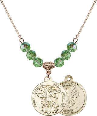 18" Hamilton Gold Plated Necklace with 4mm Peridot Crystal Beads featuring a 14kt Gold Filled Saint Michael / Nat'l Guard Medal.
