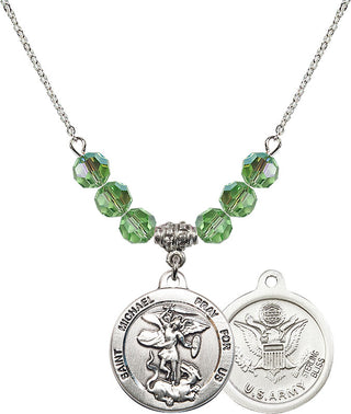 18" Rhodium Plated Necklace with 4mm Peridot Crystal Beads featuring a Sterling Silver Saint Michael / Army Medal.