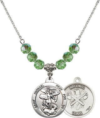18" Rhodium Plated Necklace with 4mm Peridot Crystal Beads featuring a Sterling Silver Saint Michael / Nat'l Guard Medal.