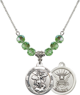 18" Rhodium Plated Necklace with 4mm Peridot Crystal Beads featuring a Sterling Silver Saint Michael / Navy Medal.