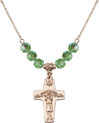 18" Hamilton Gold Plated Necklace with 4mm Peridot Crystal Beads featuring a 14kt Gold Filled Papal Crucifix Medal.