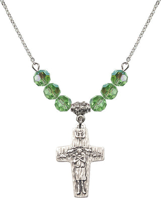 18" Rhodium Plated Necklace with 4mm Peridot Crystal Beads featuring a Sterling Silver Papal Crucifix Medal.
