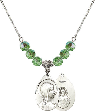 18" Rhodium Plated Necklace with 4mm Peridot Crystal Beads featuring a Sterling Silver Sorrowful Mother Medal.