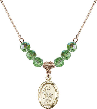18" Hamilton Gold Plated Necklace with 4mm Peridot Crystal Beads featuring a 14kt Gold Filled Guardian Angel Medal. Engraved Catholic Saint Jewelry