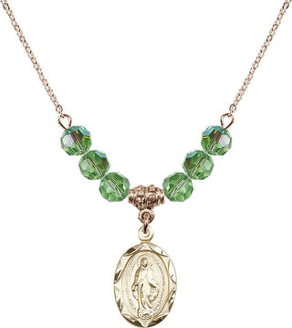 18" Hamilton Gold Plated Necklace with 4mm Peridot Crystal Beads featuring a 14kt Gold Filled Miraculous Medal.