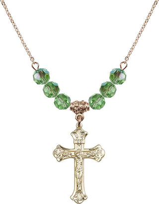 18" Hamilton Gold Plated Necklace with 4mm Peridot Crystal Beads featuring a 14kt Gold Filled Crucifix Medal.