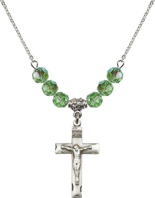18" Rhodium Plated Necklace with 4mm Peridot Crystal Beads featuring a Sterling Silver Crucifix Medal.