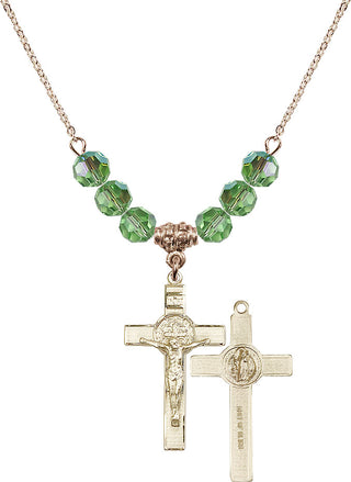 18" Hamilton Gold Plated Necklace with 4mm Peridot Crystal Beads featuring a 14kt Gold Filled Saint Benedict Crucifix Medal.