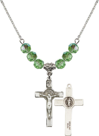 18" Rhodium Plated Necklace with 4mm Peridot Crystal Beads featuring a Sterling Silver Saint Benedict Crucifix Medal.