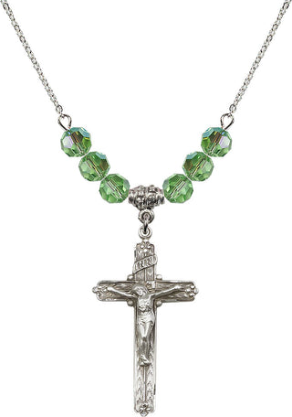 18" Rhodium Plated Necklace with 4mm Peridot Crystal Beads featuring a Sterling Silver Crucifix Medal.