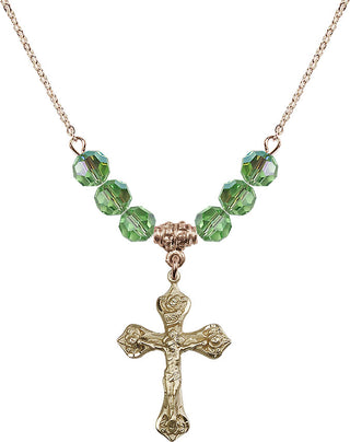 18" Hamilton Gold Plated Necklace with 4mm Peridot Crystal Beads featuring a 14kt Gold Filled Crucifix Medal.
