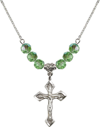 18" Rhodium Plated Necklace with 4mm Peridot Crystal Beads featuring a Sterling Silver Crucifix Medal.