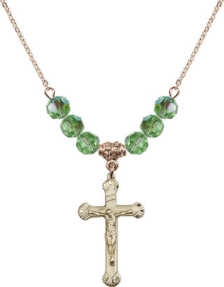 18" Hamilton Gold Plated Necklace with 4mm Peridot Crystal Beads featuring a 14kt Gold Filled Crucifix Medal.