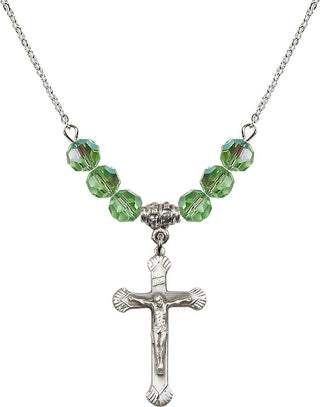18" Rhodium Plated Necklace with 4mm Peridot Crystal Beads featuring a Sterling Silver Crucifix Medal.