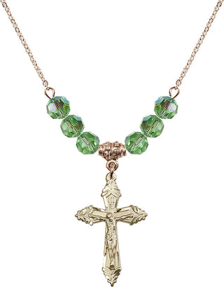 18" Hamilton Gold Plated Necklace with 4mm Peridot Crystal Beads featuring a 14kt Gold Filled Crucifix Medal.