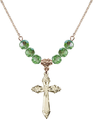 18" Hamilton Gold Plated Necklace with 4mm Peridot Crystal Beads featuring a 14kt Gold Filled Cross Medal.