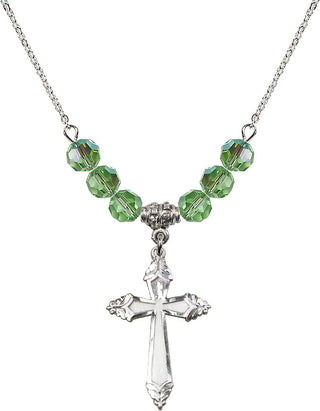 18" Rhodium Plated Necklace with 4mm Peridot Crystal Beads featuring a Sterling Silver Cross Medal.