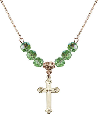18" Hamilton Gold Plated Necklace with 4mm Peridot Crystal Beads featuring a 14kt Gold Filled Cross Medal.