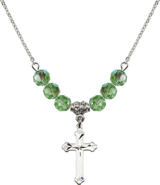 18" Rhodium Plated Necklace with 4mm Peridot Crystal Beads featuring a Sterling Silver Cross Medal.