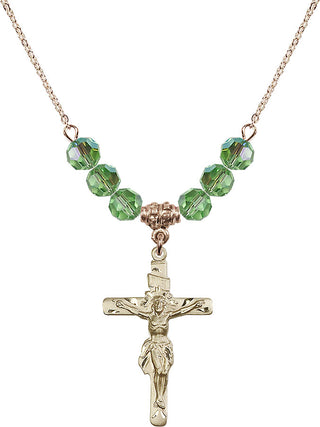 18" Hamilton Gold Plated Necklace with 4mm Peridot Crystal Beads featuring a 14kt Gold Filled Crucifix Medal.