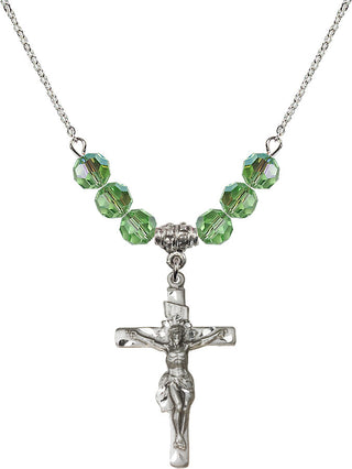 18" Rhodium Plated Necklace with 4mm Peridot Crystal Beads featuring a Sterling Silver Crucifix Medal.