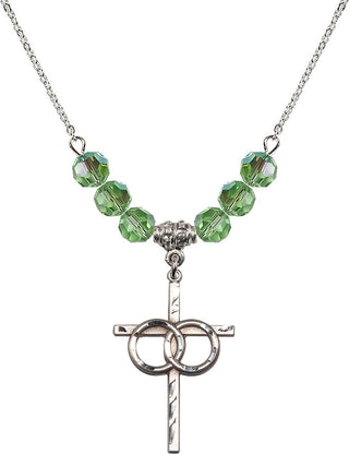 18" Rhodium Plated Necklace with 4mm Peridot Crystal Beads featuring a Sterling Silver Wedding Rings Cross Medal.