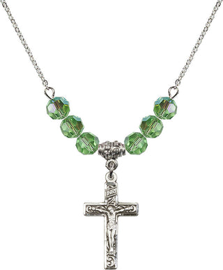 18" Rhodium Plated Necklace with 4mm Peridot Crystal Beads featuring a Sterling Silver Crucifix Medal.