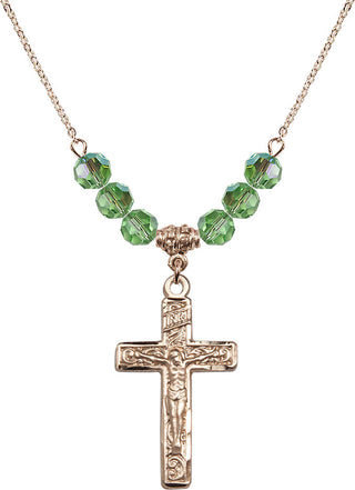 18" Hamilton Gold Plated Necklace with 4mm Peridot Crystal Beads featuring a 14kt Gold Filled Crucifix Medal.