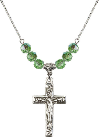 18" Rhodium Plated Necklace with 4mm Peridot Crystal Beads featuring a Sterling Silver Crucifix Medal.