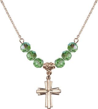 18" Hamilton Gold Plated Necklace with 4mm Peridot Crystal Beads featuring a 14kt Gold Filled Cross Medal.