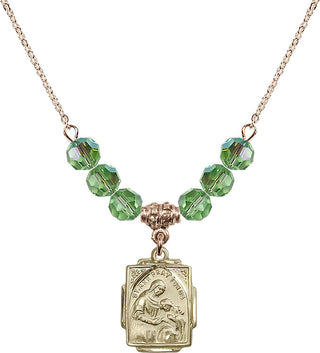 18" Hamilton Gold Plated Necklace with 4mm Peridot Crystal Beads featuring a 14kt Gold Filled Saint Ann Medal. Engraved Catholic Saint Jewelry