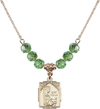 18" Hamilton Gold Plated Necklace with 4mm Peridot Crystal Beads featuring a 14kt Gold Filled Saint Cecilia Medal. Engraved Catholic Saint Jewelry