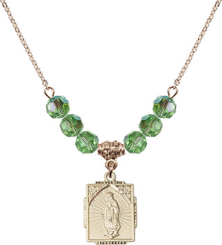 18" Hamilton Gold Plated Necklace with 4mm Peridot Crystal Beads featuring a 14kt Gold Filled Our Lady of Guadalupe Medal. Engraved Catholic Saint Jewelry