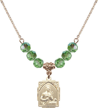 18" Hamilton Gold Plated Necklace with 4mm Peridot Crystal Beads featuring a 14kt Gold Filled Saint Gerard Medal. Engraved Catholic Saint Jewelry