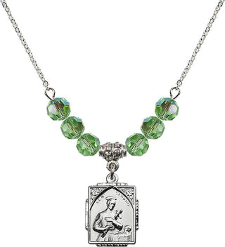 18" Rhodium Plated Necklace with 4mm Peridot Crystal Beads featuring a Sterling Silver Saint Gerard Medal. Engraved Catholic Saint Jewelry