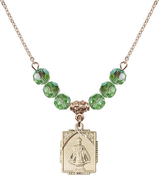 18" Hamilton Gold Plated Necklace with 4mm Peridot Crystal Beads featuring a 14kt Gold Filled Infant of Prague Medal. Engraved Catholic Saint Jewelry