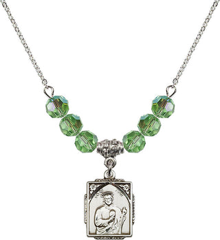 18" Rhodium Plated Necklace with 4mm Peridot Crystal Beads featuring a Sterling Silver Saint Jude Medal. Engraved Catholic Saint Jewelry