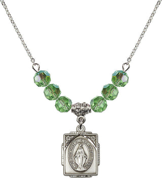 18" Rhodium Plated Necklace with 4mm Peridot Crystal Beads featuring a Sterling Silver Miraculous Medal. Engraved Catholic Saint Jewelry