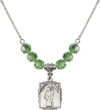 18" Rhodium Plated Necklace with 4mm Peridot Crystal Beads featuring a Sterling Silver Saint Patrick Medal. Engraved Catholic Saint Jewelry
