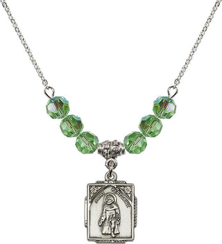 18" Rhodium Plated Necklace with 4mm Peridot Crystal Beads featuring a Sterling Silver Saint Peregrine Medal. Engraved Catholic Saint Jewelry