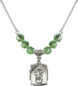18" Rhodium Plated Necklace with 4mm Peridot Crystal Beads featuring a Sterling Silver Saint Michael the Archangel Medal. Engraved Catholic Saint Jewelry