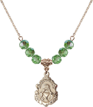 18" Hamilton Gold Plated Necklace with 4mm Peridot Crystal Beads featuring a 14kt Gold Filled Mother of a Priest Medal. Engraved Catholic Saint Jewelry