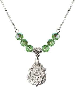 18" Rhodium Plated Necklace with 4mm Peridot Crystal Beads featuring a Sterling Silver Mother of a Priest Medal. Engraved Catholic Saint Jewelry